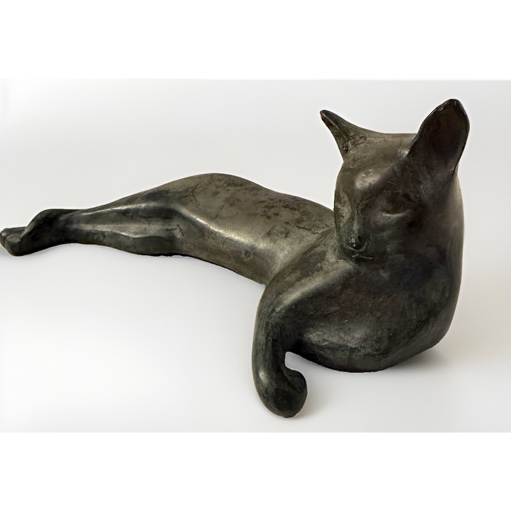 Vintage Modern Bronze Cat Sculpture Lying Reclining Feline Statue Art Deco Style